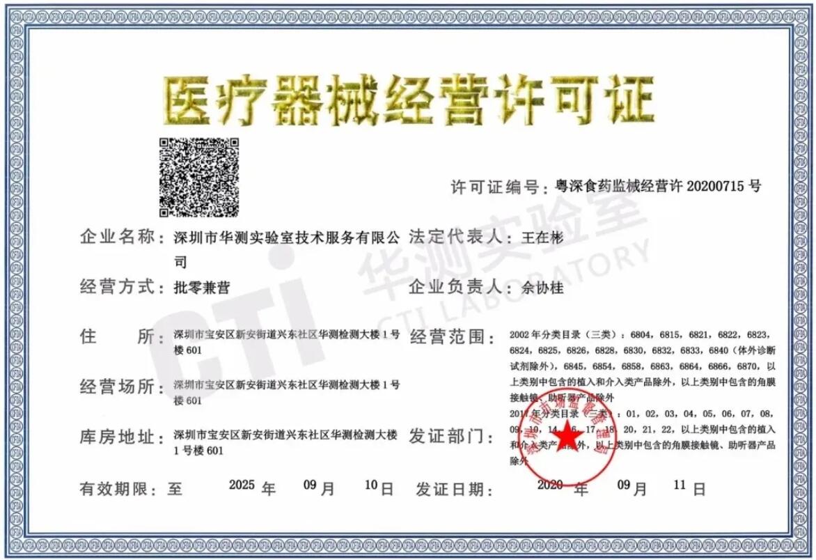 CTI華測喜獲醫(yī)療器械經(jīng)營許可證